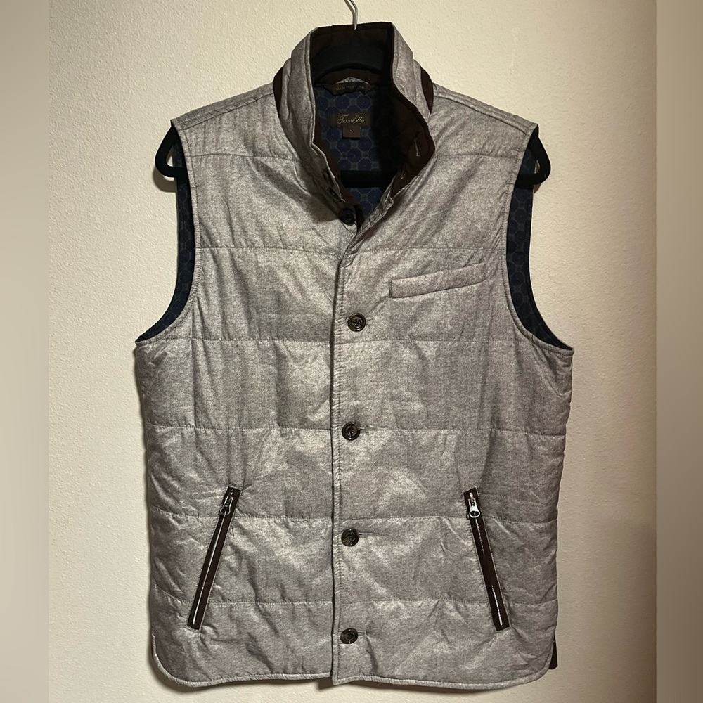 Tasso Elba Men’s Small Gray Button Up Vest with Dark Brown Faux Suede Piping